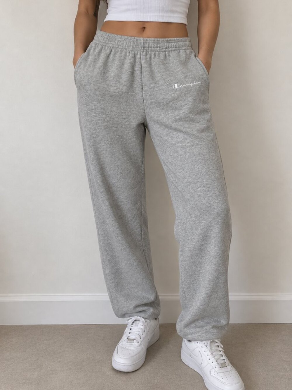 Champion, gray sweatpants, joggers w drawstring size large